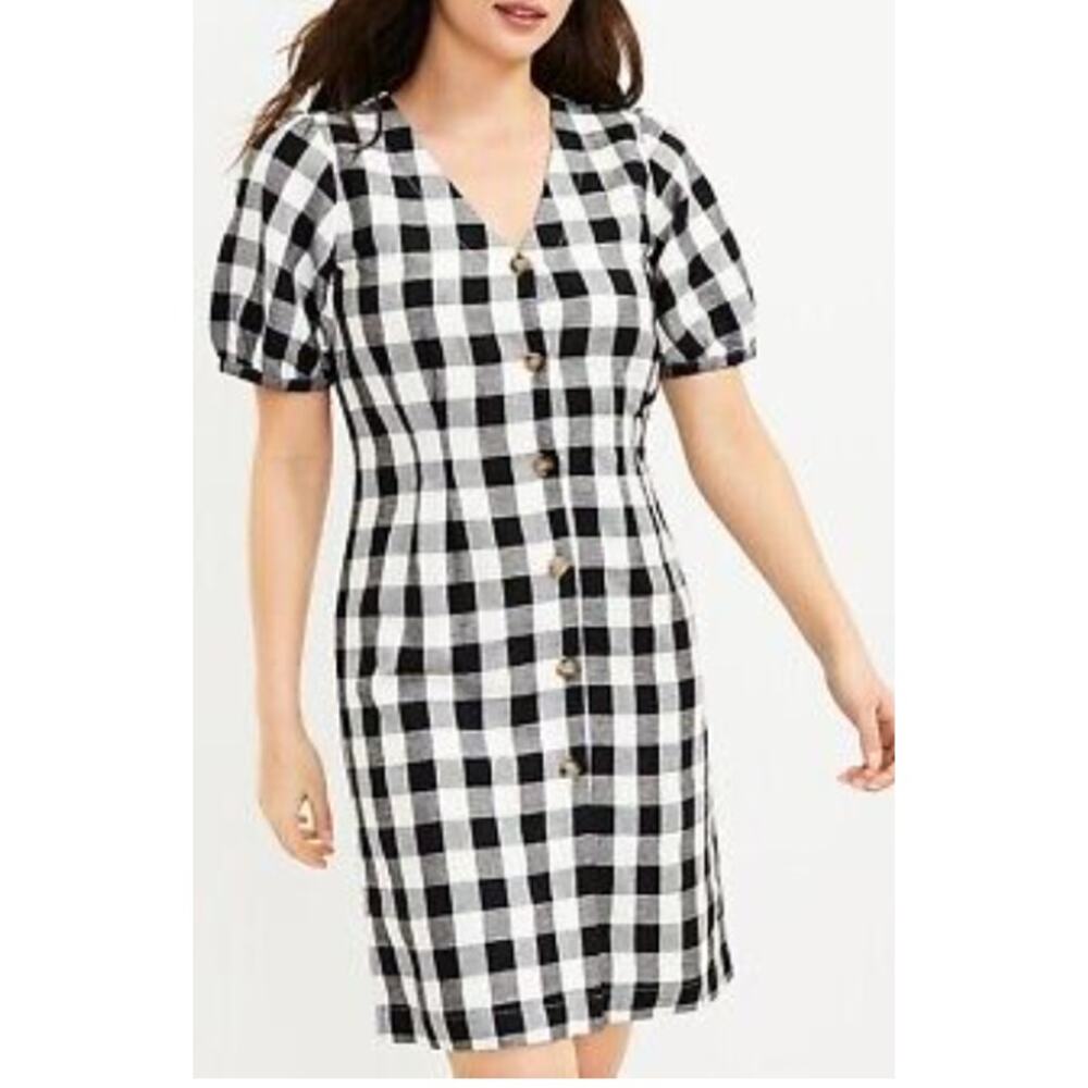 Loft NWT Women Button Down Black/White Checkered Print Classy Linen Size 10 Tall
